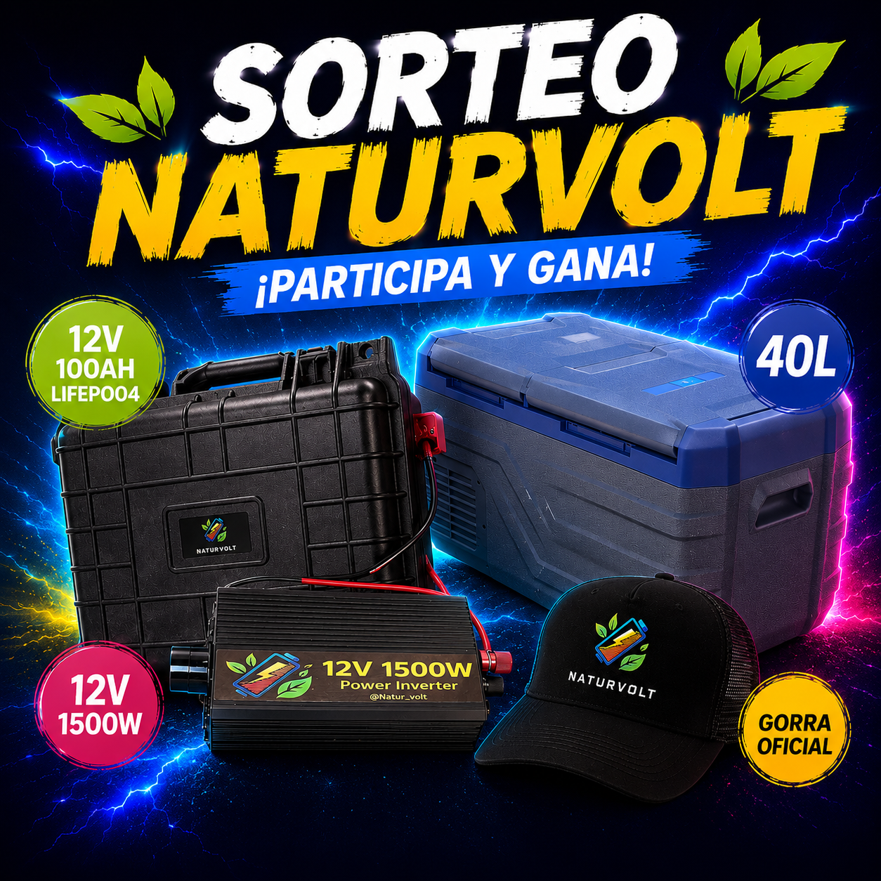Sorteo Carpfishing — Maletín 12V 100Ah LiFePO4 + Nevera 40L + Inversor 1500W + Gorra Gratis